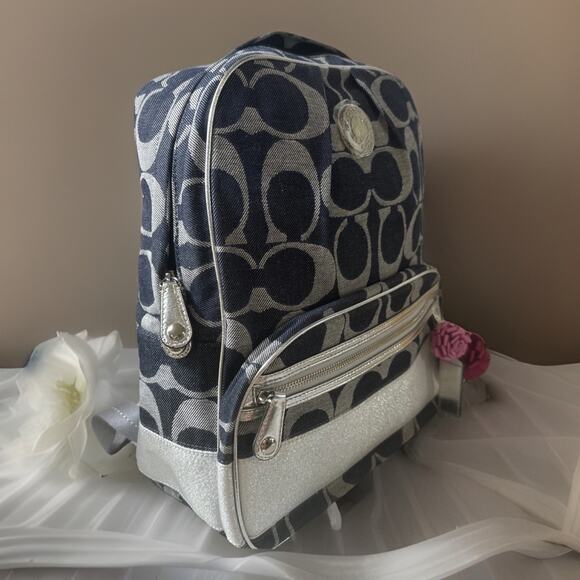 Rare Find NEW Coach Signature Denim Backpack F19691 Denim Silver Metallic Trim main image 10